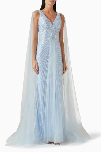 Embellished Cape Gown in Tulle