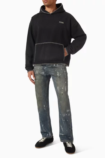 Stitched Border Distressed Logo Hoodie in Cotton