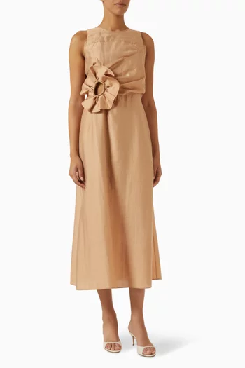 Floral Cut-out Midi Dress in Linen-blend