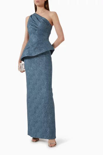One-shoulder Peplum Gown in Metallic Jacquard