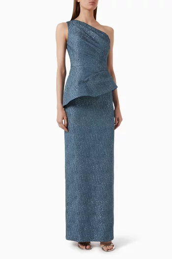 One-shoulder Peplum Gown in Metallic Jacquard