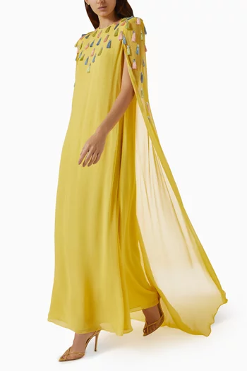 Tassel-trim Cape-style Maxi Dress