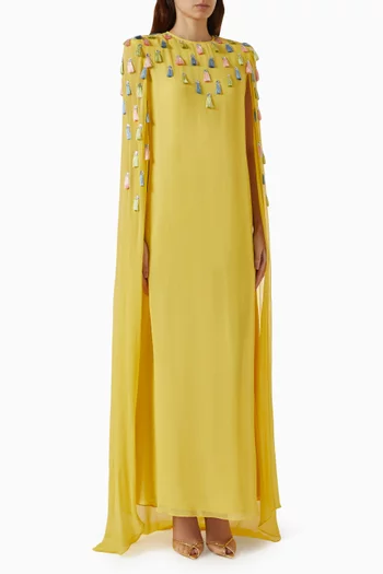 Tassel-trim Cape-style Maxi Dress