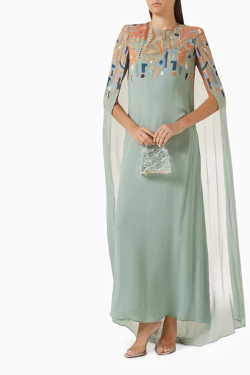 Embroidered Cape-style Maxi Dress