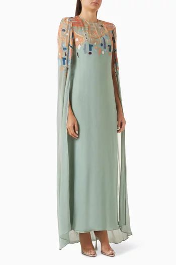 Embroidered Cape-style Maxi Dress