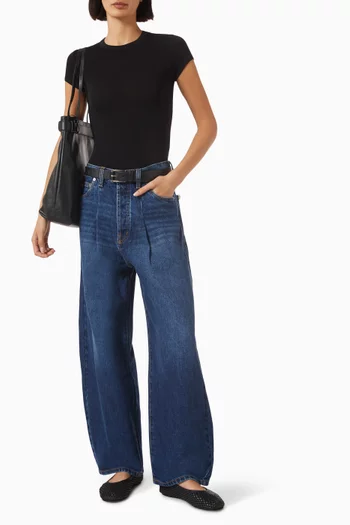 Mid Rise Pleat Barrel Jeans in Denim