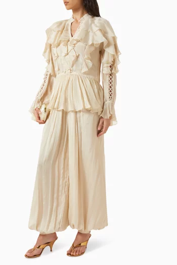 Ruffled V-neck Top & Balloon Pants Set