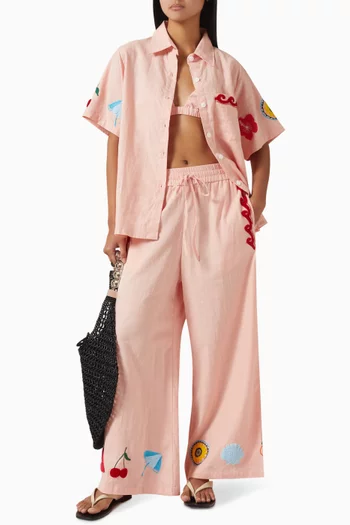 Papaya Embroidered Pants in Linen