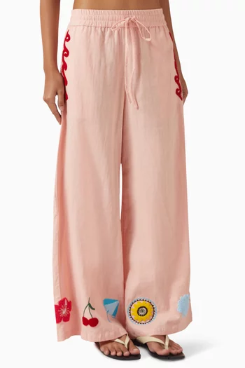 Papaya Embroidered Pants in Linen