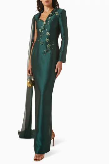 Theodora Cape Floral Gown in Taffeta & Silk
