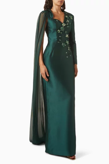 Theodora Cape Floral Gown in Taffeta & Silk