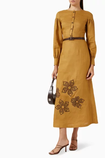 Floral-embroidered Belted Dress