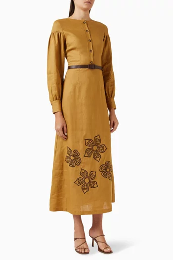 Floral-embroidered Belted Dress