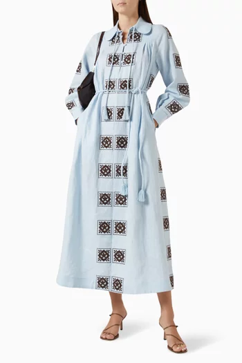 Grace Embroidered Midi Dress in Linen