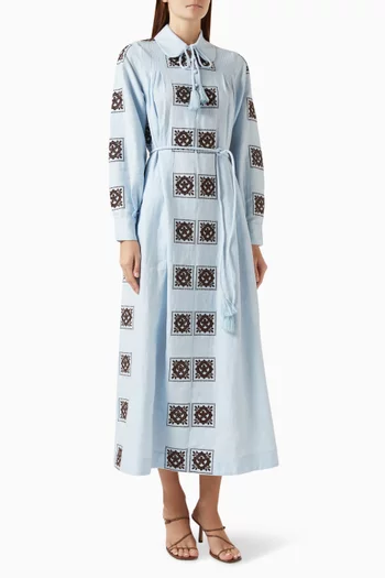 Grace Embroidered Midi Dress in Linen