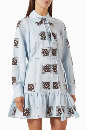 Grace Embroidered Mini Dress in Linen