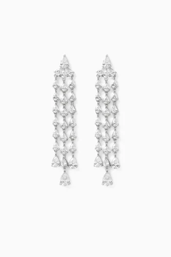 3 Row Bar Spaced Pear CZ Fringe Earrings in Rhodium-plated Brass
