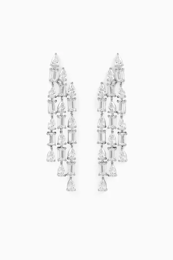 Pear & Emerald CZ Fringe Earrings in Rhodium-plated Brass