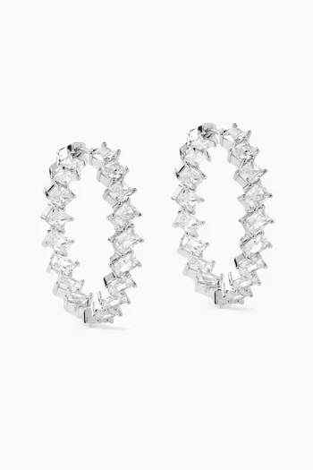 Slanted CZ Emerald Latch Hoops in Rhodium-plated Brass
