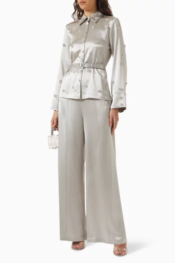 Embroidered Belted Top & Pants Set in Satin