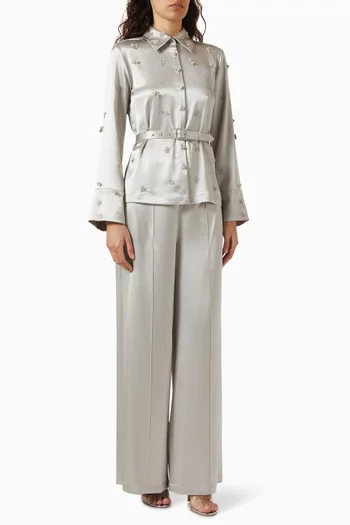 Embroidered Belted Top & Pants Set in Satin