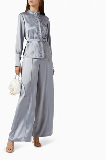 Embroidered Belted Top & Pants Set in Satin