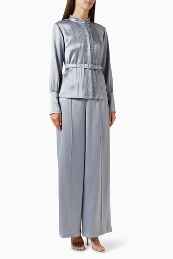 Embroidered Belted Top & Pants Set in Satin