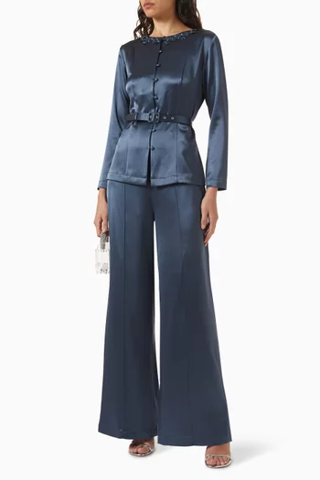 Embroidered Belted Top & Pants Set in Satin
