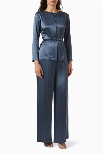 Embroidered Belted Top & Pants Set in Satin