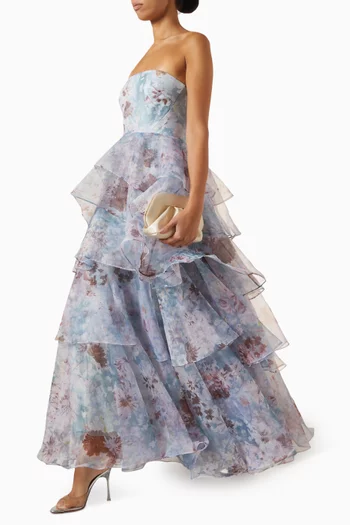 Gabriella Strapless Ruffle Gown in Linen-blend