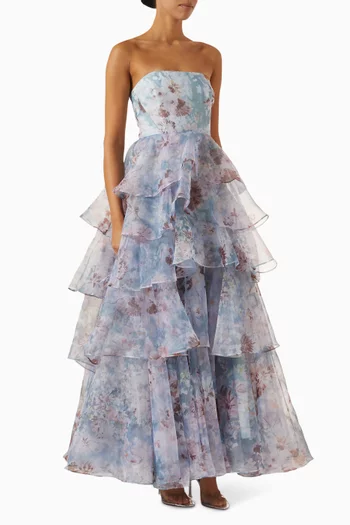 Gabriella Strapless Ruffle Gown in Linen-blend