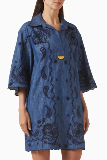 Aster Embroidered Mini Dress in Denim