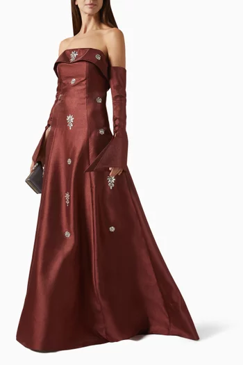 Off-shoulder Embellished Gown in Crepe Satin