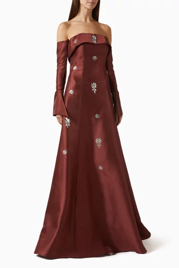 Off-shoulder Embellished Gown in Crepe Satin