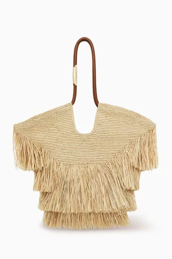 Medium Goldentime Fringe Tote Bag in Raffia