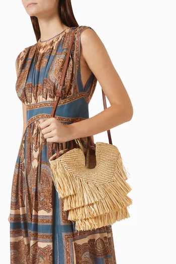 Small Goldentime Fringe Tote Bag in Raffia