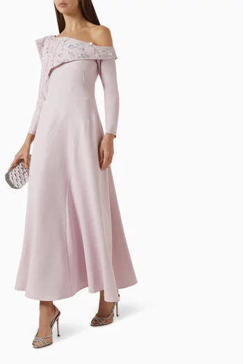Embellished Off-shoulder Cape Dress