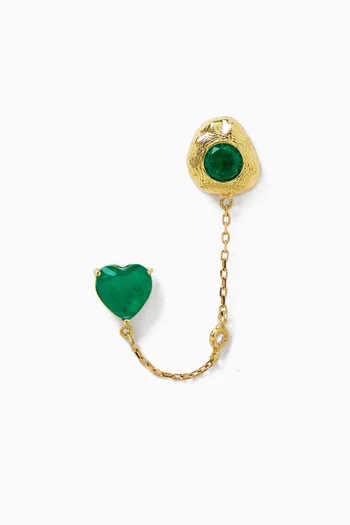 Double Piercing Heart & Round-cut Emerald Earring in 18kt Gold