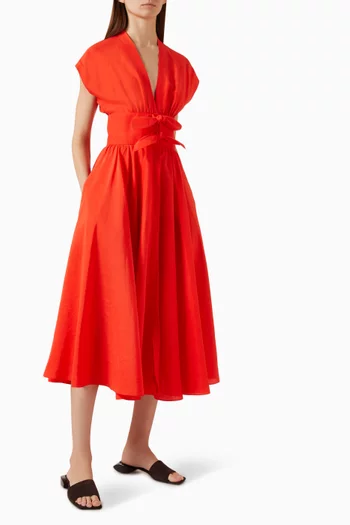 Belted Midi Dress in Linen-blend