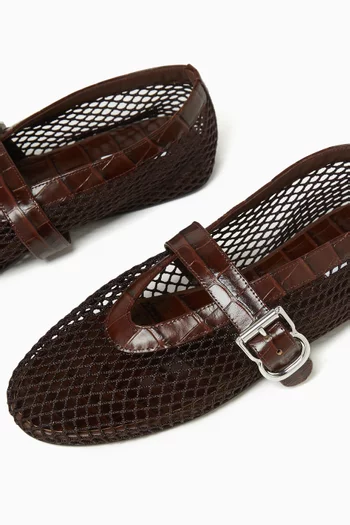 La Ballerina Flats in Mesh Fishnet & Croc-embossed Leather