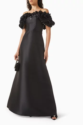 Floral Appliqué Off-shoulder Maxi Dress
