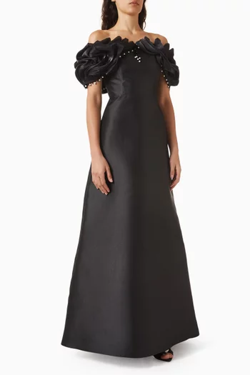 Floral Appliqué Off-shoulder Maxi Dress