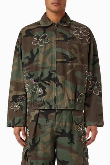 Floral Patch Crystal Camo Bomber Jacket in Cotton