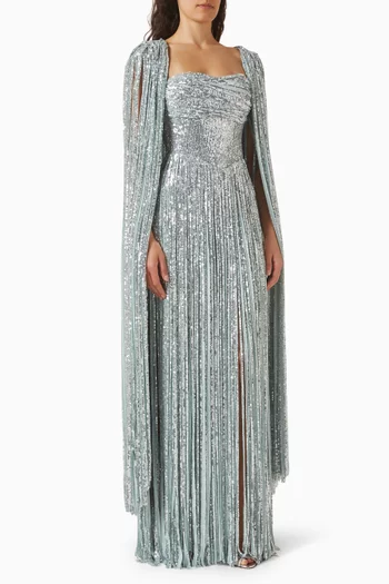 Sequin Fringe Cape Gown