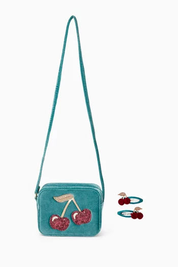 Pom Pom Cherries Bag & Hair Clips Set