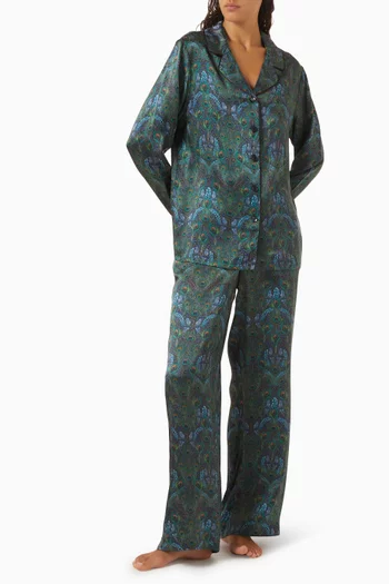 Peacock Manor Long Relaxed Pyjama Set in Silk Satin