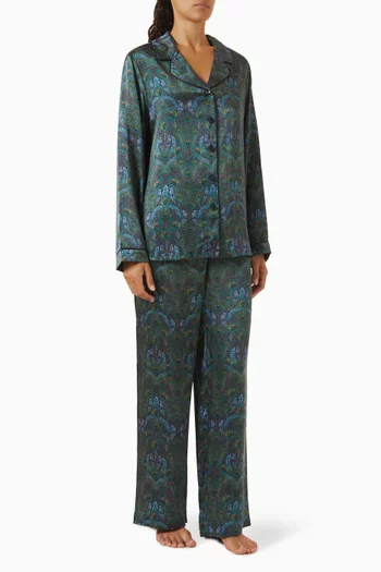 Peacock Manor Long Relaxed Pyjama Set in Silk Satin