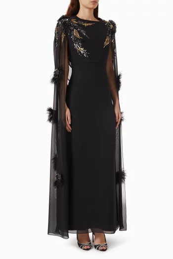 Embellished Cape Maxi Dress in Crepe
