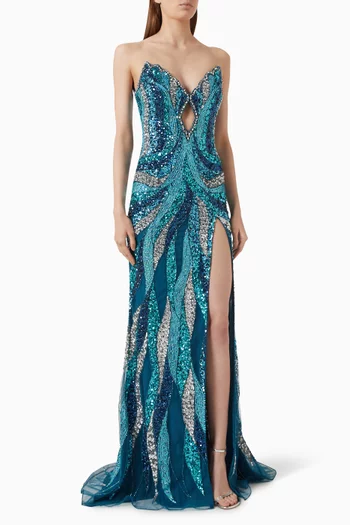 Sequin-embellished Strapless Gown