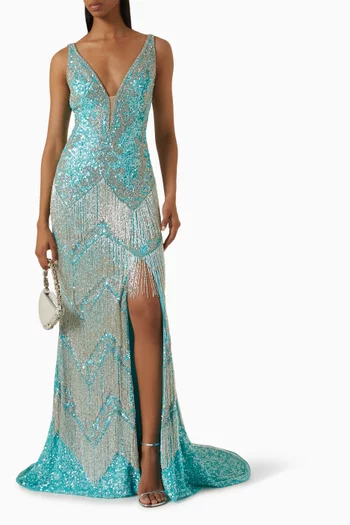 Sequin-embellished Slit Gown